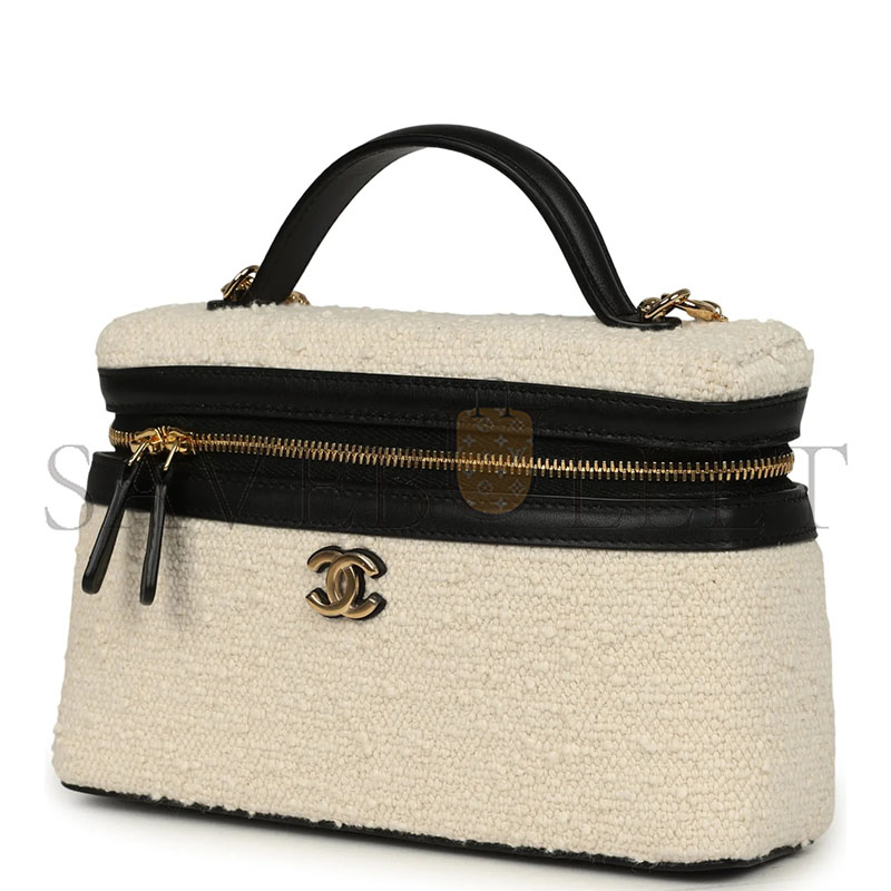 CHANEL COCO BEACH TOP HANDLE LONG VANITY CASE WITH CHAIN ECRU TWEED AND BLACK CALFSKIN GOLD HARDWARE (19*13*5cm) 